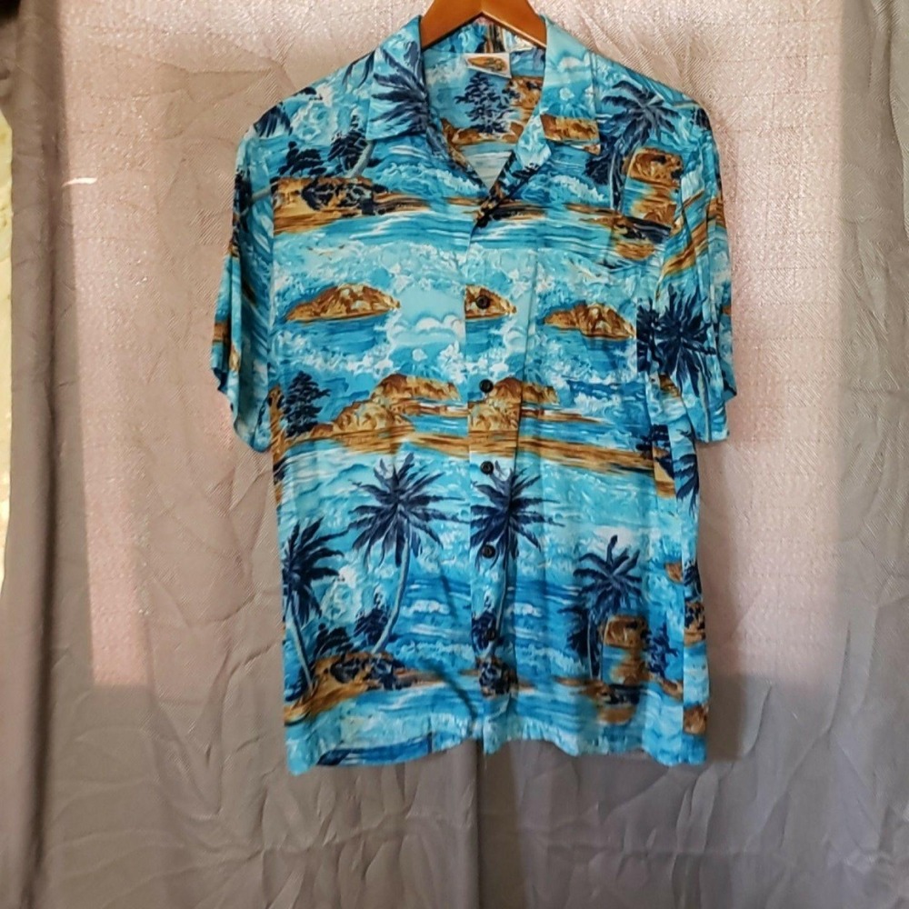 Kennington Ltd Shirt Mens Medium Blue Hawaiian Rayon Short Sleeve Button-Up